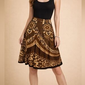VTG TREVAN Brown Afrocentric Mod Floral Patchwork A-line Silk Blend Skirt